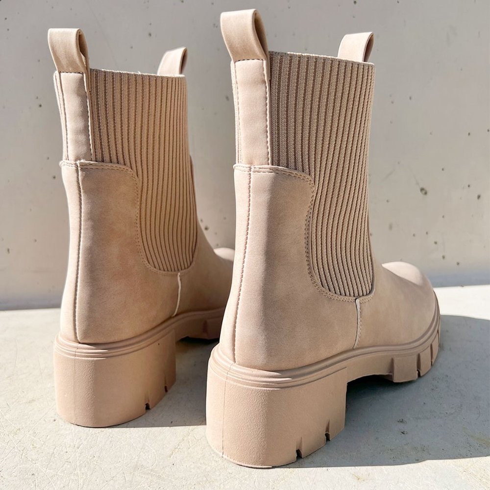 NEW Taupe Beige Chunky Lug Sole Platform Elastic Sock Ankle Chelsea Bootie Boots - Picture 9 of 13